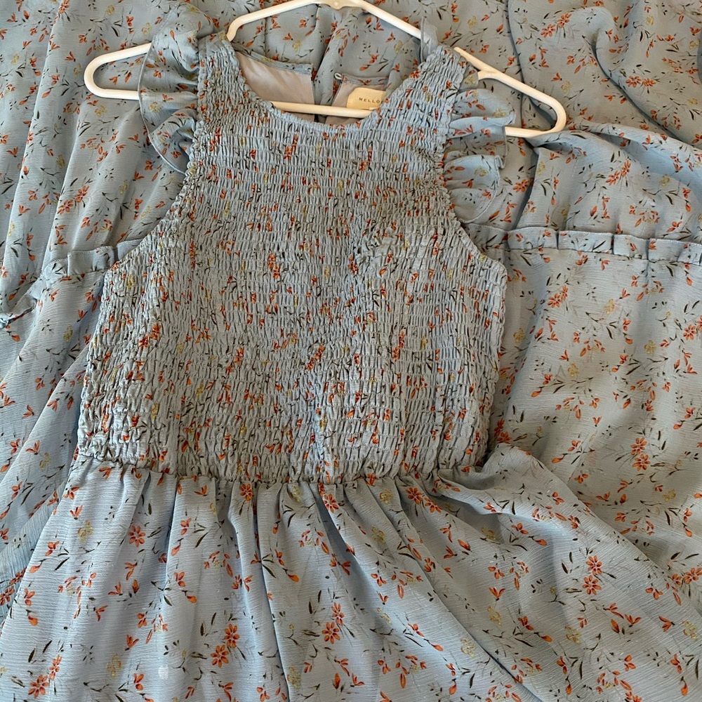 Melloday Smocked Tiered Blue Floral Maxi